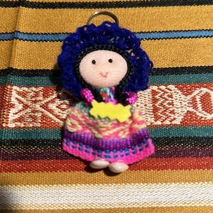 Collectible miniature handmade doll keychain dark blue pinks yellows adorable